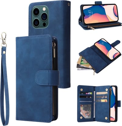 YPCd Wallet Case Pasjeshouder met Rits – Geschikt voor Apple iPhone 14 Pro Max – Luxe Bookcase Hoesje met 6 Pasjesvakken & Polsbandje – Blauw