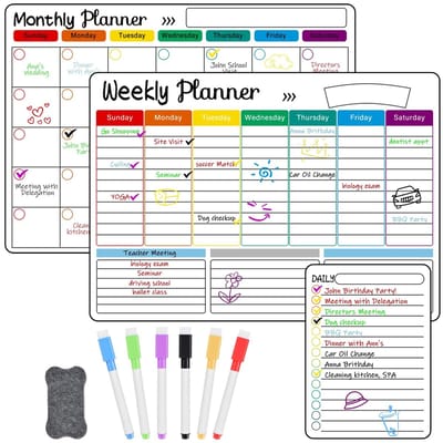 Dailygoods - OFFCUP Magnetische koelkastkalender, familie weekplanner, A3 maandplanner, dagelijkse maaltijdplanner, takenlijst, droog wissen kit, maandag tot zondag met 6 markers