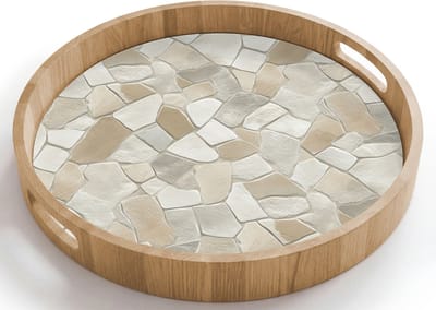 Dienblad rond 40x40 cm - Schootdienblad hout - Mozaïek - Stenen - Beige - Borrelplank rechthoek - Plateau houten dienbladen