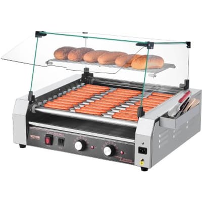 VEVOR Hotdog Grill Machine Hotdogs 11 rollen roestvrij staal, 2200 W, elektrische grill met deksel & 2 temperatuurregelaars & opbergbox aan de zijkant & uitneembaar rooster & lekbak