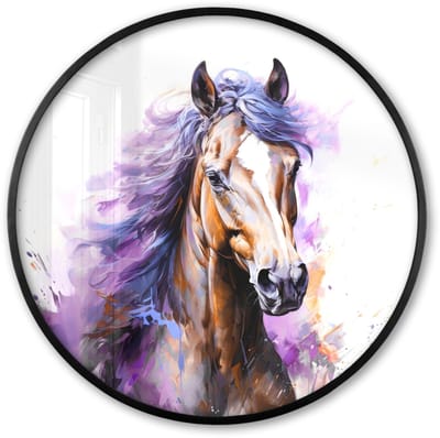 Poster in lijst Rond - Fotolijst 60x60 cm - Posters - Paard - Dieren - Meiden - Paars - Bruin - Ronde posterlijst zwart - Decoratie - Wanddecoratie woonkamer - Muurdecoratie slaapkamer