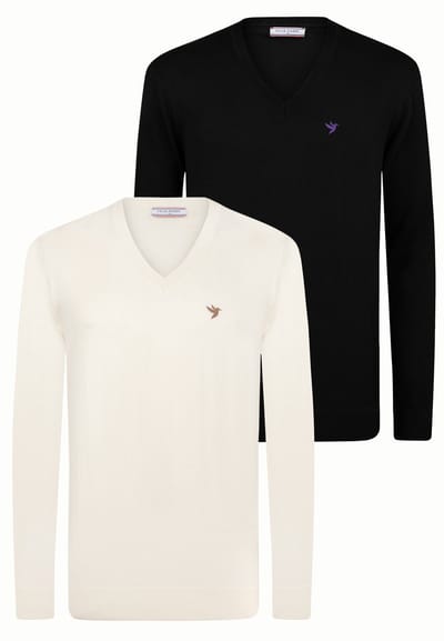 Felix Hardy Sweater Met V-Hals - 2 Pack Trui - 100% Katoen Heren Ecru-Zwart - M