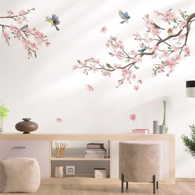Roze Bloesem Muursticker Set met Vogelwereld - 2 Delige Bloemen en Takken Decoratie voor Woonkamer, Slaapkamer, Kinderkamer - Zelfklevende Wanddecoratie