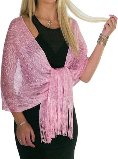 Sjaal -- Hoofddoek -- Avondjurksjaal en sjaal -- Glanzende damessjaal -- Sprankelende huwelijksgeschenksjaal -- Met kwastjes (18 cm) -- Roze -- 50*164 cm