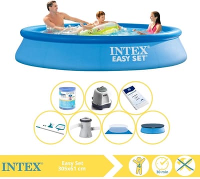 Intex Rond Opblaasbaar Easy Set Zwembad - 305 x 61 cm - Blauw - Inclusief Afdekzeil - Zwembadfilterpomp - Filter - Grondzeil - Schoonmaakset - Zoutwatersysteem - Zwembadzout - 8-delig