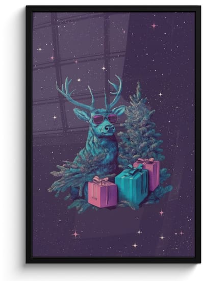 Poster in lijst - Fotolijst 60x90 cm - Posters - Rendier - Zonnebril - Neon - Kerstboom - Posterlijst zwart - Decoratie - Wanddecoratie woonkamer - Muurdecoratie slaapkamer - Kerstversiering - Kerstdecoratie voor binnen - Kerstmis