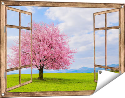 Gards Tuinposter Doorkijk Roze Sakura Bloesem Boom in het Groene Veld - 90x60 cm - Tuindoek - Tuindecoratie - Wanddecoratie buiten - Tuinschilderij