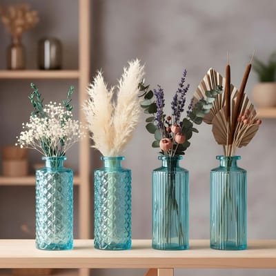 Dailygoods- Glazen Vaas Set van 4 - Turquoise/Transparant - Hoogte 13 cm - Decoratieve Vazen - Bloemenvazen voor Binnen - Uniek Patroon - Bloemenvase