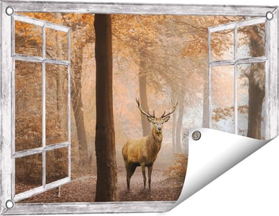 Gards Tuinposter Doorkijk Hert in het Bos - Herfst - 60x40 cm - Tuindoek - Tuindecoratie - Wanddecoratie buiten - Tuinschilderij