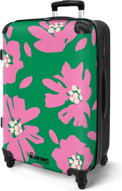 NoBoringSuitcases.com® - Reis koffer groot - Rolkoffer lichtgewicht - Groen met roze bloemen - Reiskoffer op 4 wielen - Valiezen volwassenen - Grote trolley XL - 20 kg bagage