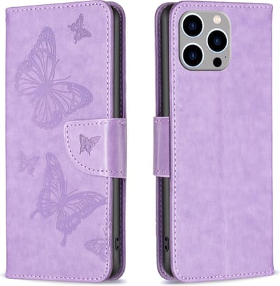 PU BookCover Hoes Etui geschikt voor iPhone 15 PRO MAX Paars Vlinders