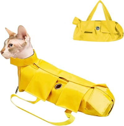 Opvouwbare Beschermende Tas voor Kattenverzorging - Anti-Kras Bijt Huisdierbegrenzer voor Klauwverzorging, Nageltrimmen, Oogdruppels, Oorreiniger (M, Geel)