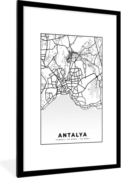 Fotolijst incl. Poster Zwart Wit- Antalya - Stadskaart - Plattegrond - Zwart Wit - Kaart - 80x120 cm - Posterlijst