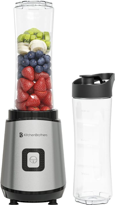 KitchenBrothers Mini Blender - BPA-vrij - Blender to Go - Smoothie Maker - 2 To-Go Bekers 600 ml - RVS