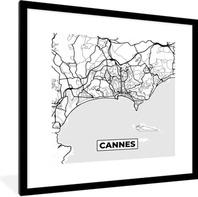 Fotolijst incl. Poster Zwart Wit- Frankrijk - Cannes - Kaart - Plattegrond - Stadskaart - Zwart wit - 40x40 cm - Posterlijst
