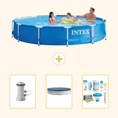 Intex Rond Frame Zwembad - 366 x 76 cm - Blauw - Inclusief Pomp - Afdekzeil - Onderhoudspakket - 4-delig