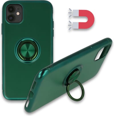 HB Hoesje Geschikt voor Apple iPhone 12 Mini - Groen - Siliconen Back Cover met Ring Kickstand - Geschikt voor Magneet Houders