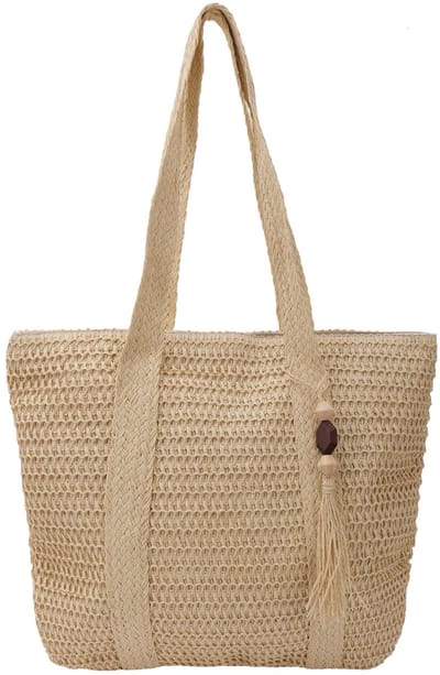 Ultiluxe® Strandtas voor Dames - Schoudertas met kwastje - 42 x 39 cm - Shopper met Ritssluiting - Geweven Damestas - Groot - Beige