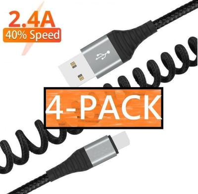 Phreeze 4x USB naar USB C Oplaadkabel - 1.5M Krulsnoer Uitrekbaar - Gevlochten Nylon - Quick Charge 3.0 - 2.4A Snelladen - Universeel - Voordeelverpakking