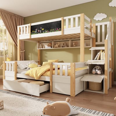 Sweiko Stapelbed - 90x200cm/140x200cm - Met krijtbord - Opbergruimte - Lade - Wit + Natuurlijke