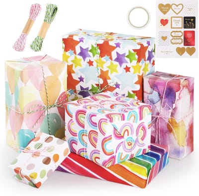 Cadeaupapieren etiketten, 70 x 50 cm, recyclebaar, hoogwaardig, met cadeaustickers, touw, dubbelzijdig lint, cadeau voor verjaardag, feest, feestdag, geschenkdoos, kleurrijk