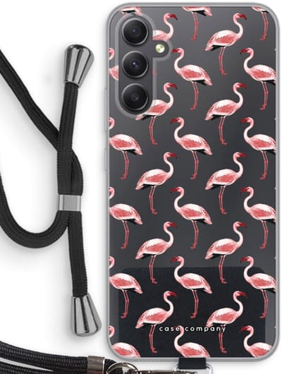 Case Company® - Hoesje met koord geschikt voor Samsung Galaxy A34 hoesje met Koord - Flamingo - Telefoonhoesje met Zwart Koord - Bescherming aan alle Kanten en Over de Schermrand