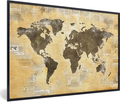 Poster in lijst - Fotolijst 90x60 cm - Posters - Wereldkaart - Krant - Gouden - Posterlijst zwart - Decoratie - Wanddecoratie woonkamer - Muurdecoratie slaapkamer