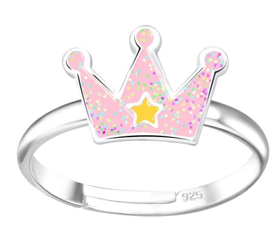 Joy|S - Zilveren kroontje ring - verstelbaar - roze met glitter - gele ster - voor kinderen