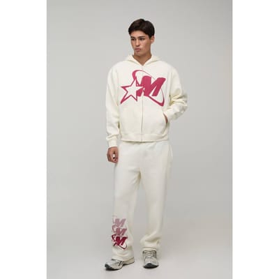 Oversized Boxy Trainingspak Met M-ster Grafische Print En Rits Met Capuchon | Ecru | Size XS