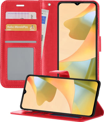 Hoesje - Met Pasjeshouder - Geschikt voor OPPO A16 - Luxe Bookcase Portemonee - Flip Case - Kunstleer Book Case - Flipcase - Book Cover - Walletcase - Portemonneehoes - Telefoonhoesjes - Rood