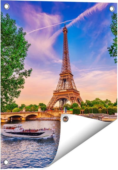 Gards Tuinposter Eiffeltoren in Parijs aan het Water - Kleur - 40x50 cm - Tuindoek - Tuindecoratie - Wanddecoratie buiten - Tuinschilderij