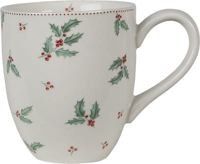 Clayre & Eef Mok 300 ml Beige Groen Keramiek Rond Hulstbladeren Koffiemok