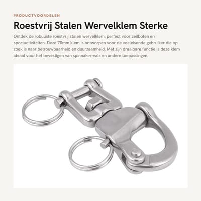 Dailygoods- Wervelklem Roestvrij Staal AISI 316 - Draaibare Karabijnhaak - Klauwtype Kaakwervels - Vervanging Panic Snap - Sterke Beugel 70mm