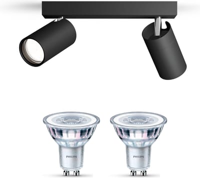 Philips Idris Opbouwspot voor Badkamer (Zwart) - Badkamerlamp - Warmwit Licht - Plafondspot met 2 Lichtpunten - GU10 - Niet Dimbaar