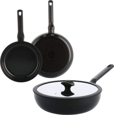 BK Enjoy Pannenset 3-delig - 24/28cm - 4.2L - PFAS-vrije antikleeflaag - Pannenset inductie - Keramische pan - Ovenbestendig tot 160°C - Koudgrepen - Met glazen deksel - Zwart