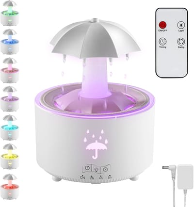 luchtbevochtiger met aromatherapie - Paraplu-luchtbevochtiger - 300 ml roterende luchtbevochtiger voor de slaapkamer met afstandsbediening en timerfunctie - 7-kleurige LED-luchtbevochtiger voor de woonkamer of kinderkamer -luchtbevochtigers(Wit)