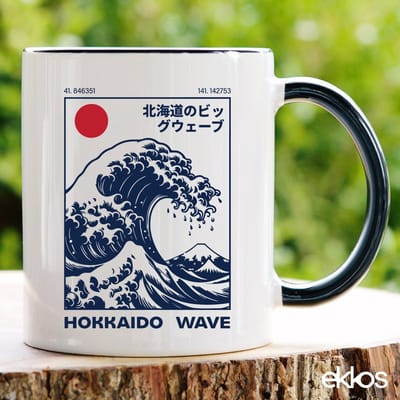 Ekkos Hokkaido Wave Koffiemok - Japanse Kunst - Zwart Oor - 325ml - Cadeau voor Hem / Haar - Japanse Golf - Kado Tip - Keramiek