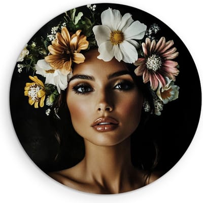 Saammp Muurcirkel Hout - Abstract - Vrouw - kleurrijke bloemen - Ø 90 - Wandcirkel - Wanddecoratie Cirkel - Muurdecoratie Woonkamer - Slaapkamer decoratie - Rond Schilderij