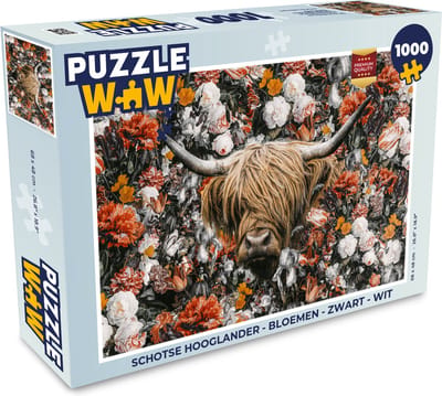 Puzzel Schotse hooglander - Bloemen - Zwart - Wit - Legpuzzel - Puzzel 1000 stukjes volwassenen