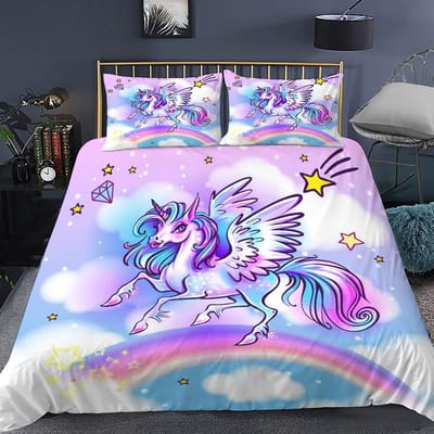 Eenhoorn Dekbedovertrek Paars Roze Cartoon Droom Dekbedovertrek Set Vrouwen Sterren Regenboog Strass Beddengoedset Voor Tiener Meisjes EU Single(135*200cm)3pcs