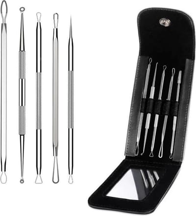 Luxe 5-delige Comedonenlepel set- Blackhead Killer- Mee-eter remover lepel- Mee-eters & Acne Verwijder Set- Puisten remover Lepel- Inclusief spiegel