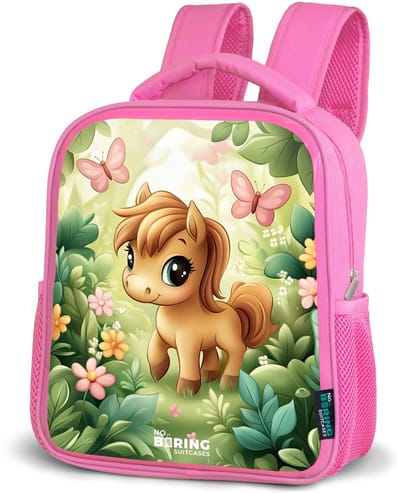 NoBoringSuitcases.com® - Rugzak roze - Schooltas meisjes - Paard - Bloemen - Vlinders - Kinder rugtas meisje - Boekentas kind - Kinderrugzak voor school - Schoolrugzak