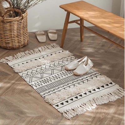 Katoenen tapijt, getuft katoenen tapijt, wasbaar, retro vloerkleed met kwastjes, Marokkaans, boho-tapijten voor woonkamer, slaapkamer, voordeur (wit, 60 x 90 cm)