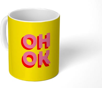 Mok - Koffiemok - Oh ok - 3D - Geel - Roze - Mokken - 350 ML - Beker - Koffiemokken - Theemok