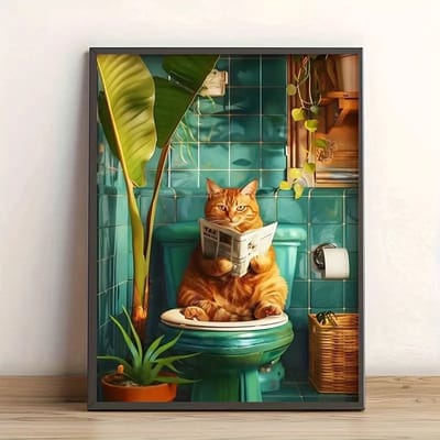 Canvas poster - Met fotolijst - Kat op het toilet - muurposter - binnenposter - Dierenposter- Toilet poster - Kado - Posters - Vintage posters - Trendy