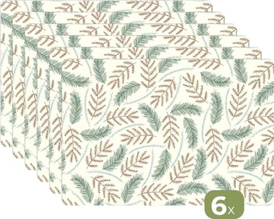 Placemat - Placemats kunststof - Kerst - Patronen - Takken - 45x30 cm - 6 stuks - Hittebestendig - Anti-Slip - Onderlegger - Afneembaar