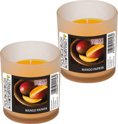 Conpax Candles geurkaars - 2x - mango/papaya geur - oranje - 8 branduren - in glas - aroma kaars