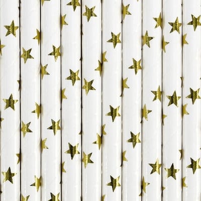 Partydeco Rietjes - 10x stuks - gouden sterren - papieren verjaardag drinkrietjes