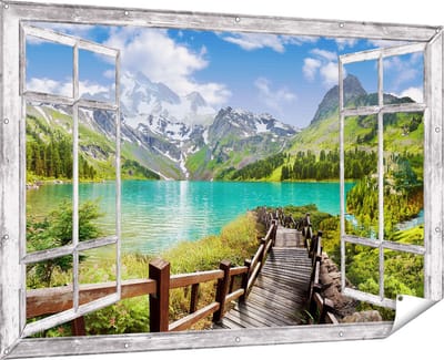 Gards Tuinposter Doorkijk Pad naar een Helder Blauw Meer in de Bergen - 180x120 cm - Tuindoek - Tuindecoratie - Wanddecoratie buiten - Tuinschilderij