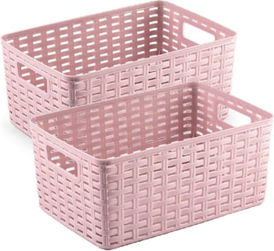 4x stuks rotan gevlochten opbergmand/opbergbox kunststof - Oud roze - 19 x 29 x 13 cm - Kast mandjes